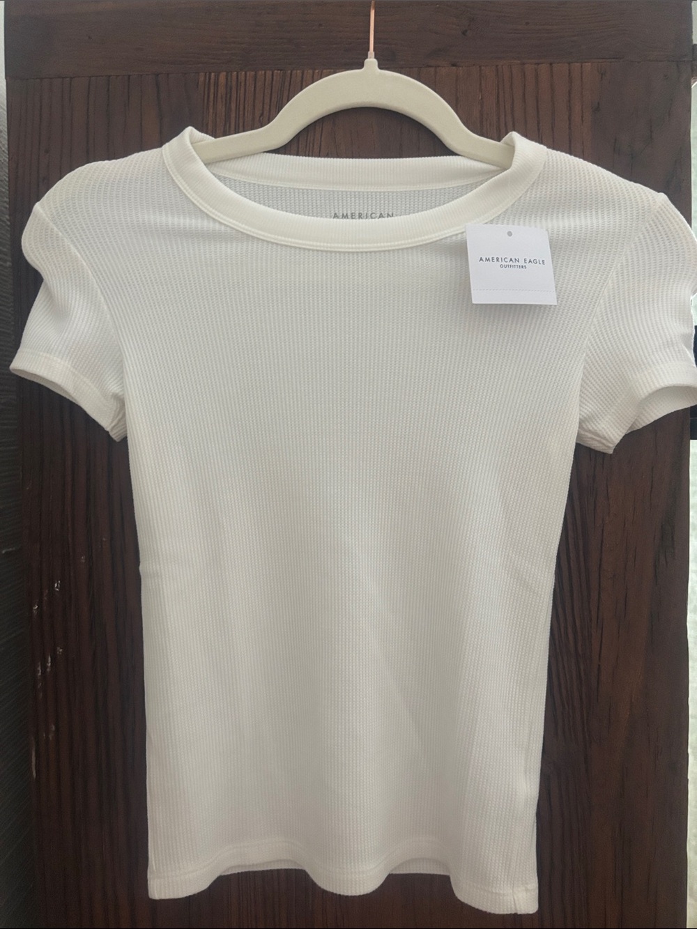 American Eagle Outfitters Women's Cream Ribbed Crew Short-Sleeve Tee